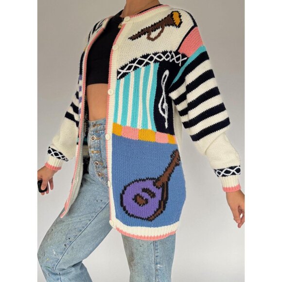 90s vintage music theme musical notes teacher novelty embroidered knit cardigan - Picture 5 of 11